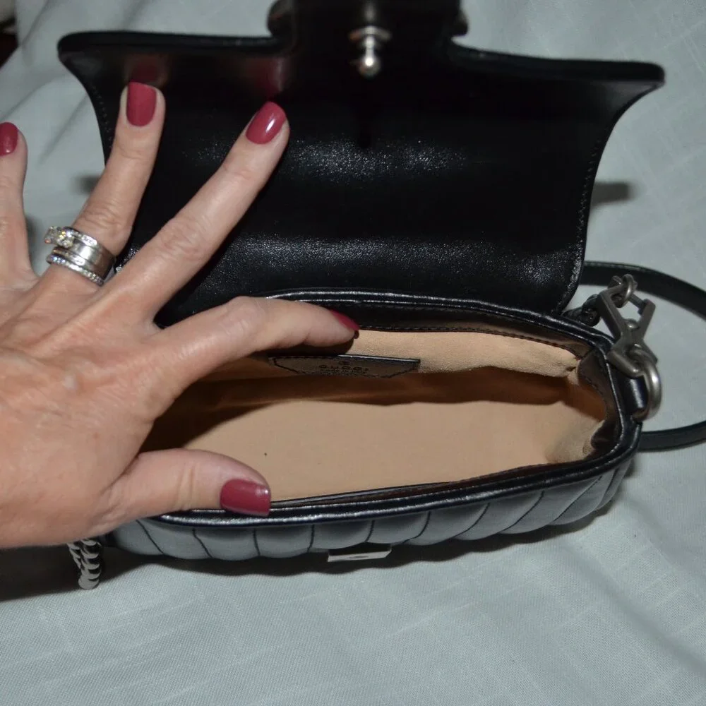 New Gucci GG Black Quilted Marmont Top Handle Shoulder Handbag - Picture 10 of 14